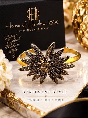 House of Harlow 1960 Crystal Starburst Cuff Bracelet Gold Statement Nicole Richi
